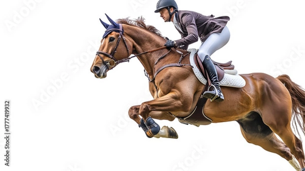 Fototapeta Equestrian athlete riding a horse midjump during a show jumping competition event outdoors