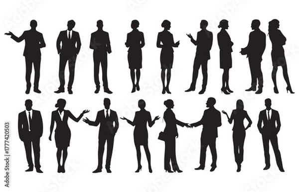 Obraz Silhouette of a group of diverse professionals in suits. Diverse business group. Diverse business people wearing formal attire. Confident professional club. Isolated on a white background.