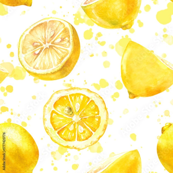 Obraz lemons Ripe fresh juicy fruits with slices hand drawn watercolor illustration isolated on white with splashes and brush strokes. Citrus yellow seamless pattern for design, textile, wallpaper, print