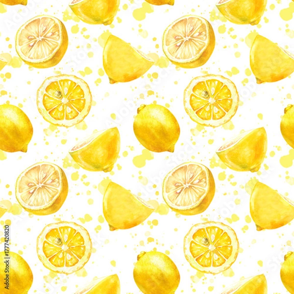 Obraz lemons Ripe fresh juicy fruits with slices hand drawn watercolor illustration isolated on white with splashes and brush strokes. Citrus yellow seamless pattern for design, textile, wallpaper, print