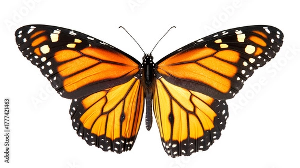 Obraz Vibrant monarch butterfly with symmetrical wings against a stark black studio background view