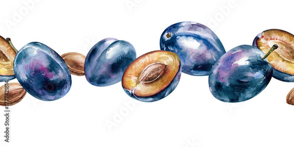 Obraz Plums, halves and whole purple fruits with pits hand drawn watercolor illustration. Isolated on white seamless border of ripe fresh juicy prunes for food, harvest, garden, rustic, farm design, banners