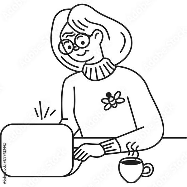 Obraz Smiling Woman Wearing Glasses and a Sweater with a Flower Pin Works on a Laptop Next to a Steaming Cup of Coffee with a Transparent Background