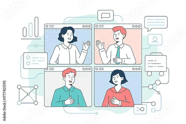 Obraz リモートワークでオンライン会議を行うチームメンバーを描いたアニメ風イラスト。パソコンやクラウド、チャートアイコンなども配置され、テレワークや働き方改革を視覚化	