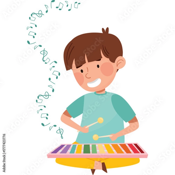 Fototapeta Smiling young boy with brown hair wearing a teal t-shirt and yellow pants joyfully plays a colorful xylophone with mallets surrounded by musical notes on a transparent background