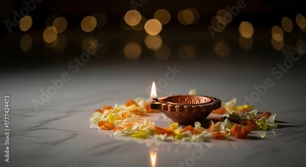 Fototapeta Diwali celebration with diya and flowers on marble surface.