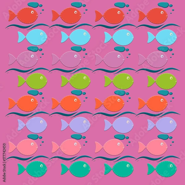Fototapeta Colorful background with floating fish and bubbles	