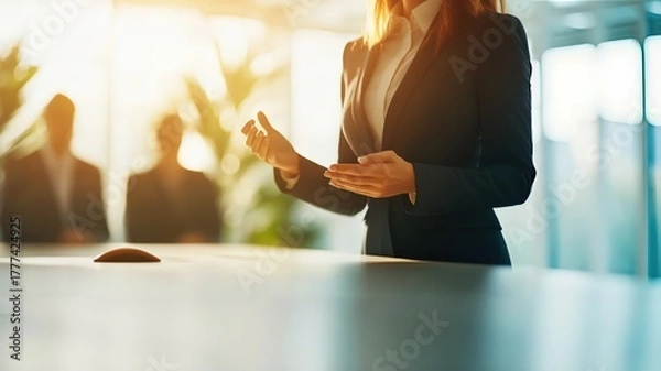 Fototapeta Confident businesswoman delivers compelling presentation during corporate meeting, showcasing strong communication and effective leadership skills.