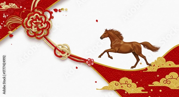 Obraz 赤金の水引と馬の和風デザイン・華やかな午年素材