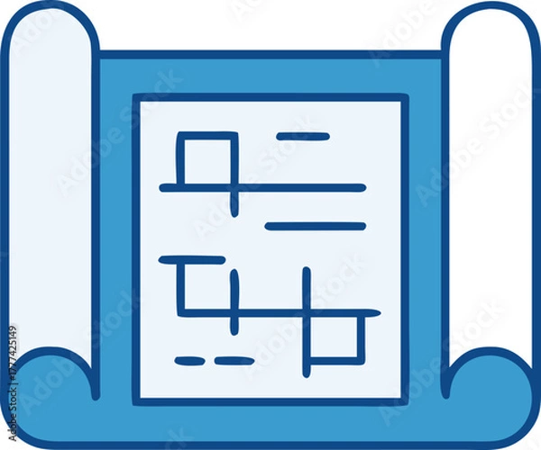 Fototapeta Blue rolled blueprint icon with grid lines and text lines construction plan