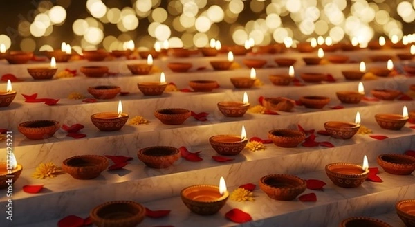 Fototapeta Illuminated Diwali Lamps: A Celebration of Light and Tradition.