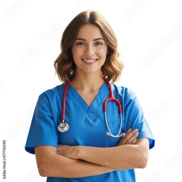 Fototapeta Smiling female healthcare worker in blue scrubs with stethoscope