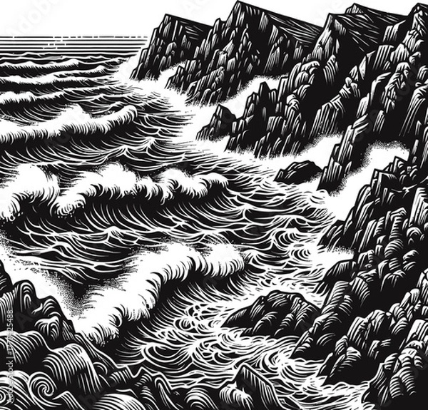 Obraz A dramatic black and white engraving depicts powerful waves crashing against a rugged, rocky coastline, showcasing the raw energy of the ocean.