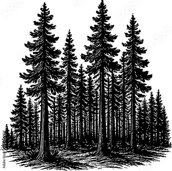 Obraz A detailed black and white illustration of a dense forest filled with tall evergreen pine trees. The trees are silhouetted against a stark white background, creating a graphic and naturalistic scene.