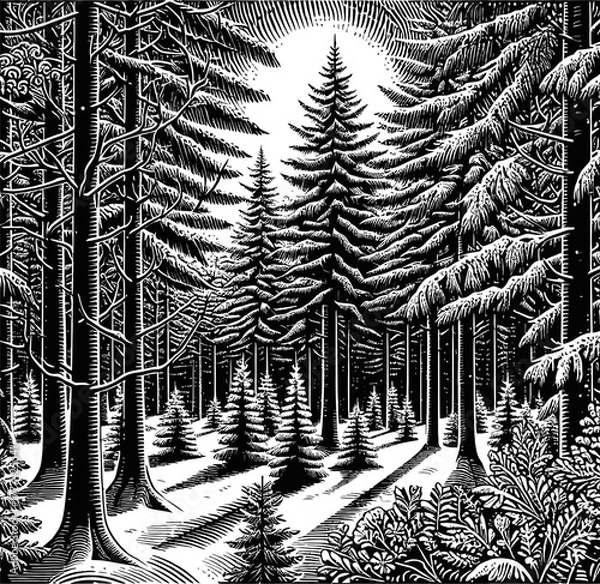 Obraz A black and white illustration depicting a dense forest with tall evergreen trees. Sun rays penetrate the canopy, casting dramatic light and shadow across the undergrowth and forest floor.