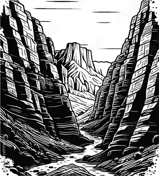 Obraz Dramatic Black And White Canyon Landscape With River And Layered Rocks Under Sky