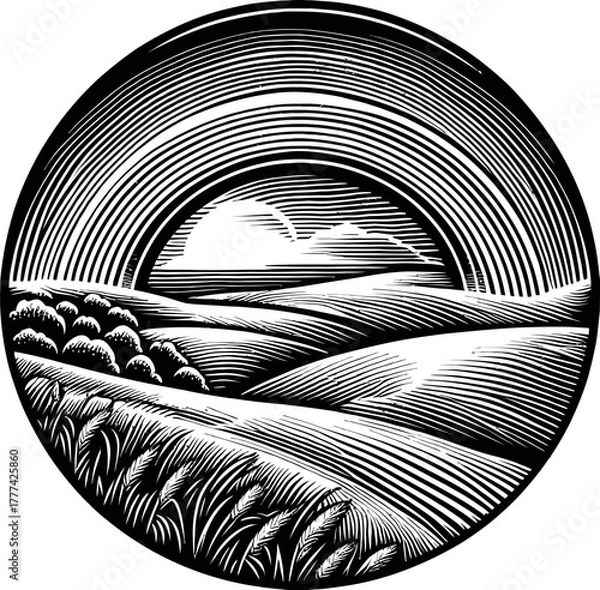 Obraz Engraved Circular Landscape With Rolling Hills And Sunrise Over Grain Field