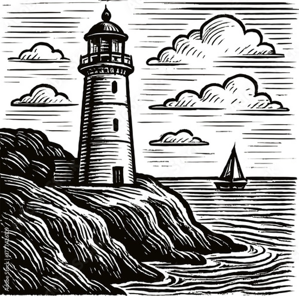 Obraz An illustration in a woodcut style depicts a lighthouse on a rocky coastline under a cloudy sky. A sailboat is visible on the water in the distance.