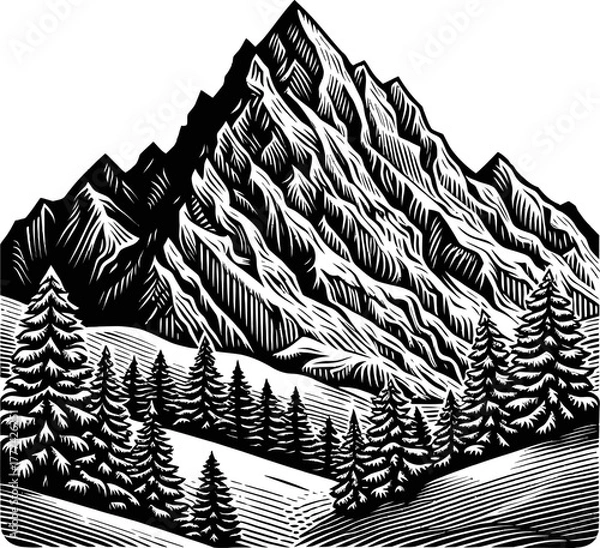 Obraz Majestic Mountain Range With Pine Forest Landscape Black And White Illustration