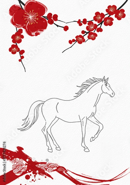 Obraz 紅梅と流水文様の馬イラスト・干支午年の賀正素材