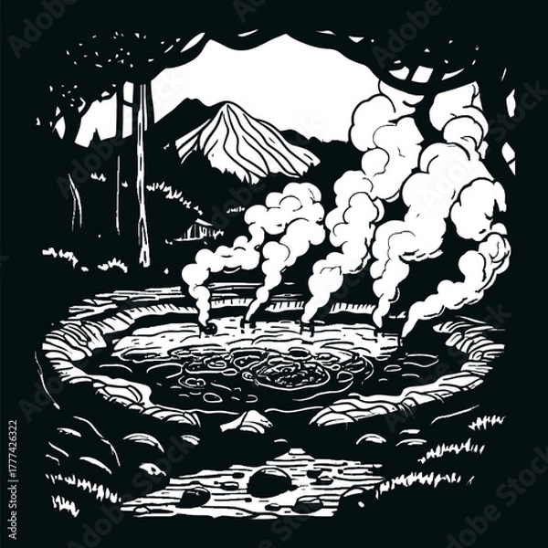 Obraz Monochromatic illustration of a natural geothermal spring releasing steam, with a distant volcano visible through a forest canopy. The scene depicts a rustic, natural landscape.