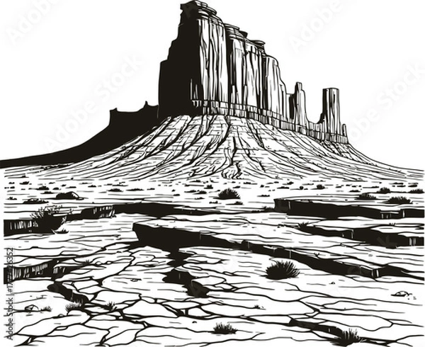 Obraz Stylized black and white drawing of iconic desert rock formations. Shows a vast desert landscape with cracked earth and strong shadows under a clear sky. Evokes a sense of rugged natural beauty.