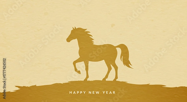 Obraz 金色の馬シルエットと英語の新年メッセージ背景