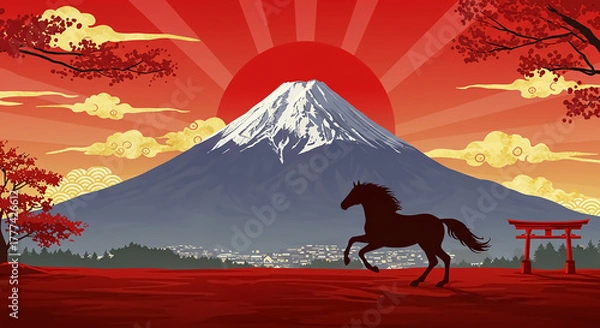 Obraz 富士山と馬のシルエット・初日の出の年賀イラスト