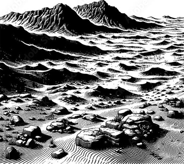 Obraz Stylized Mountain Range and Rocky Terrain in Black and White