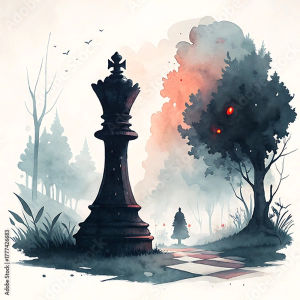 Fototapeta Mysterious Chess King Amidst Foggy Forest, Abstract Watercolor Art, Enigmatic Atmosphere, Surreal Landscape