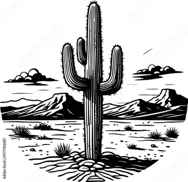 Obraz A stylized black and white illustration of a tall cactus dominating a desert scene. Mountains and clouds form the background under a clear sky.