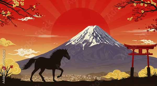 Obraz 赤富士と馬の年賀状デザイン・和風干支午年素材