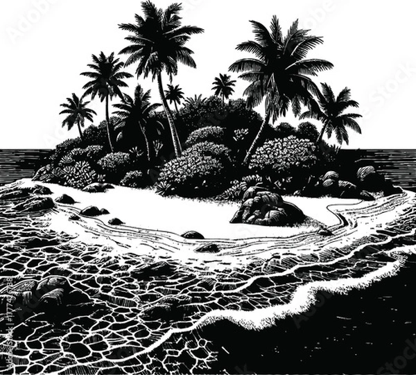 Obraz A black and white illustration of a tropical island with palm trees. Waves crash on the sandy shore of this secluded paradise.