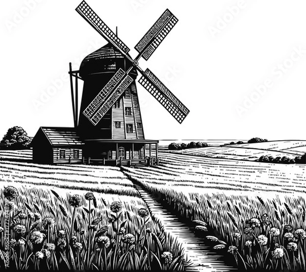 Obraz A black and white illustration depicts a vintage windmill situated in a rural countryside field. A clear sky stretches above the scene, with a path leading towards the windmill through the crops.