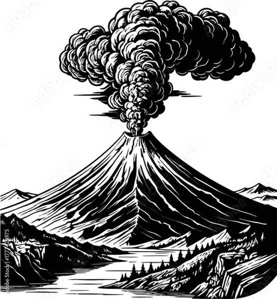 Obraz Volcanic Eruption Spewing Smoke and Ash Over a Mountainous Landscape with River