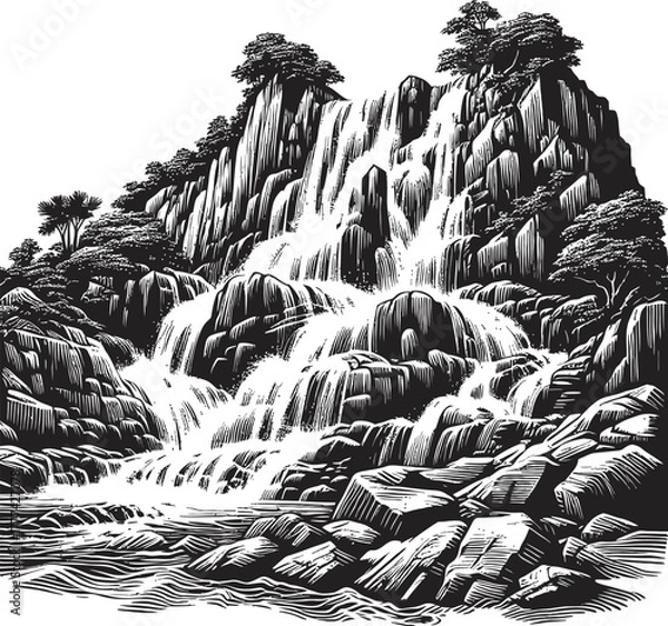 Obraz Waterfall Cascading Down Rocky Terrain Surrounded by Lush Trees Black and White Illustration