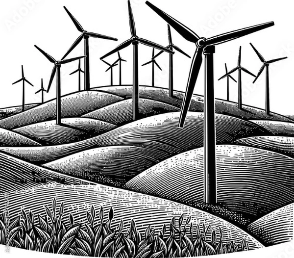 Obraz A black and white illustration depicts numerous wind turbines situated atop rolling hills. The foreground features a textured field, and the overall scene is rendered in a graphic, patterned style.