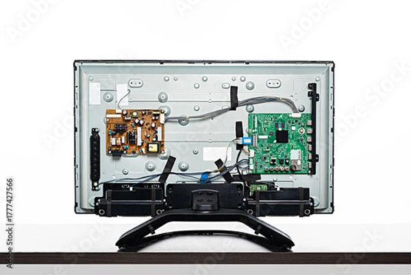 Fototapeta Back of television LCD, circuit board, tv repair on the work table close up
