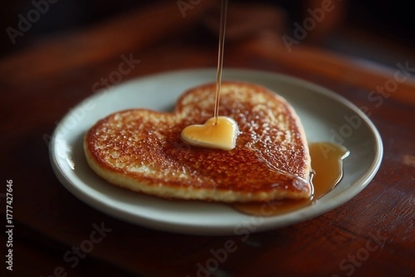 Fototapeta Single Heart Pancake with Melting Butter and Syrup Drizzle