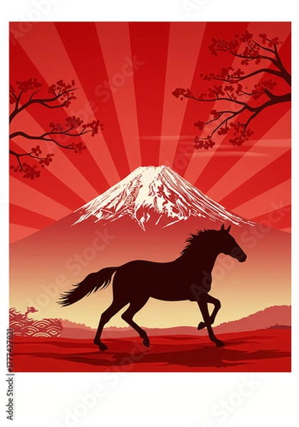 Obraz 赤富士と桜に駆ける馬・華やかな干支午年年賀素材