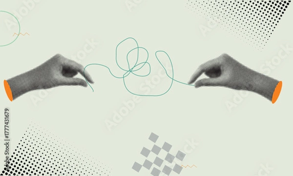 Fototapeta Modern illustration of simplifying a complex, tangled knot, featuring hands holding the thread ends, symbolizing business strategy, resolving confusion, finding a solution, and simplifying challenging