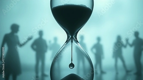Fototapeta evanescence. An hourglass with liquid time dripping away, surrounded by faint ghostly silhouettes, symbolizing fleeting moments of life. wellbeing guides.