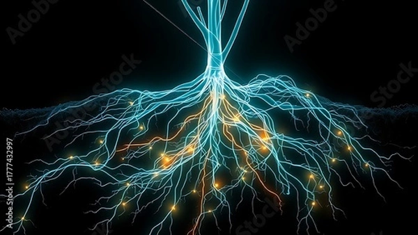 Fototapeta mycorrhiza. An X-ray view of plant roots unveiling a hidden glowing network weaving through the soil. bar promotions, beverage menus, designed for food & beverage menus and cafe branding.
