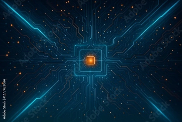 Fototapeta Central processing unit glowing in the heart of a futuristic circuit network, abstract technology background with intricate neon lines