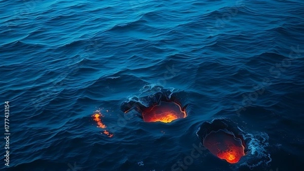 Fototapeta subsurface. Deep blue ocean waves with glowing cracks beneath the surface, hinting at volcanic activity. ESG reports, sustainability campaigns, designed for environmental awareness campaigns.