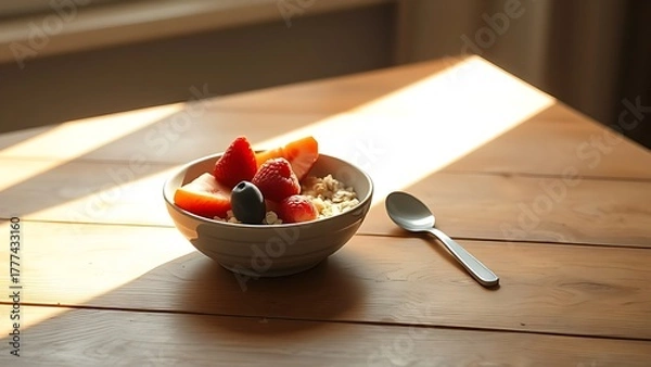 Fototapeta advantageous. A simple, wholesome breakfast on a sunlit wooden table with a beam of light illuminating a bowl of oats and fruit. menu design.