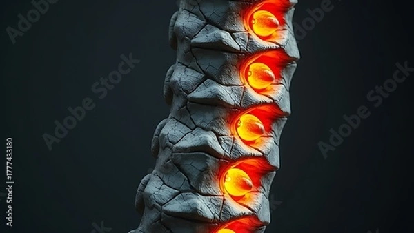 Fototapeta foremost. A sculptural representation of a human spine made of cracked stone with five points of intense pressure glowing warmly. wellbeing guides.