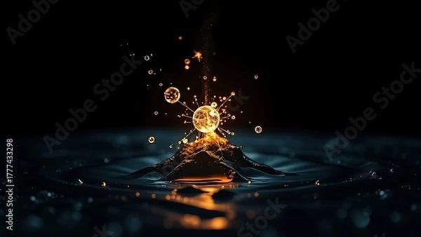 Fototapeta submicroscopic. A single, complex, glowing molecule emerges from a dark, primordial aqueous solution, symbolizing the spark of life. STEM education sheets.