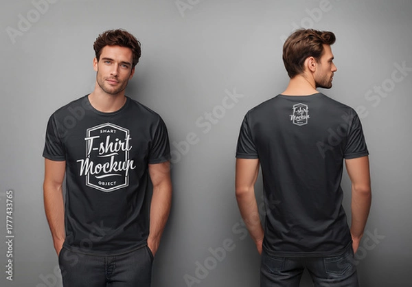 Fototapeta Front and Back Views of A Man Wearing A Black T-shirt Mockup 