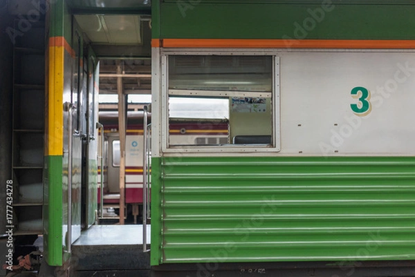 Fototapeta Close-Up of Third-Class Train Car at Hua Lamphong Station in Bangkok, Thailand